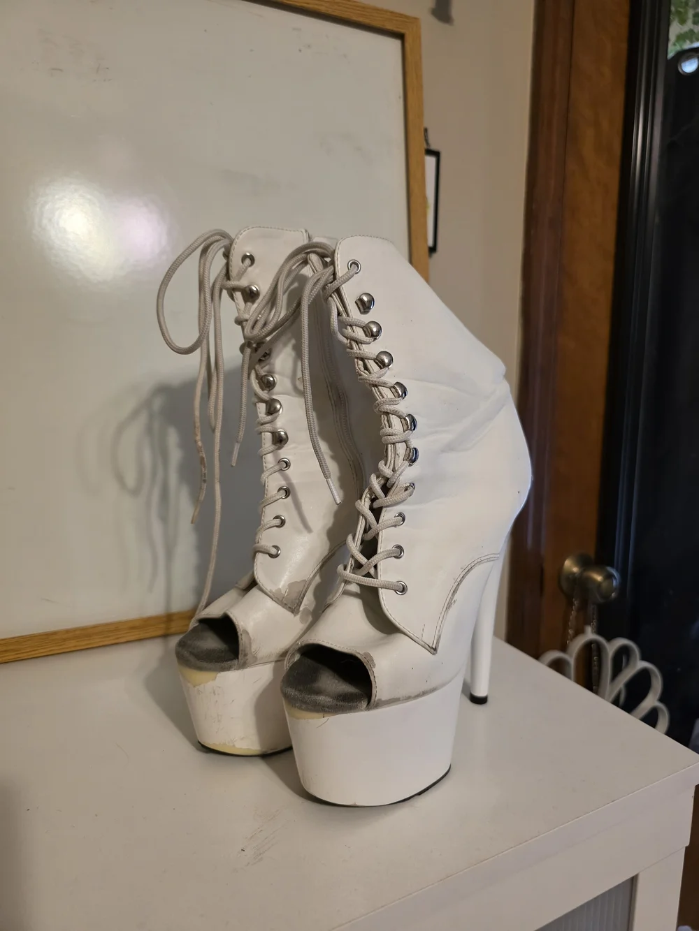 Heavily Worn White Peep-Toe Platform Pleaser Boots